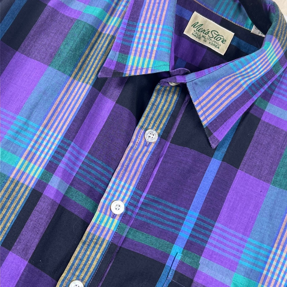 Vintage 70s Men's Store Button Down Shirt Plaid Short Sleeve Tall XL Purple